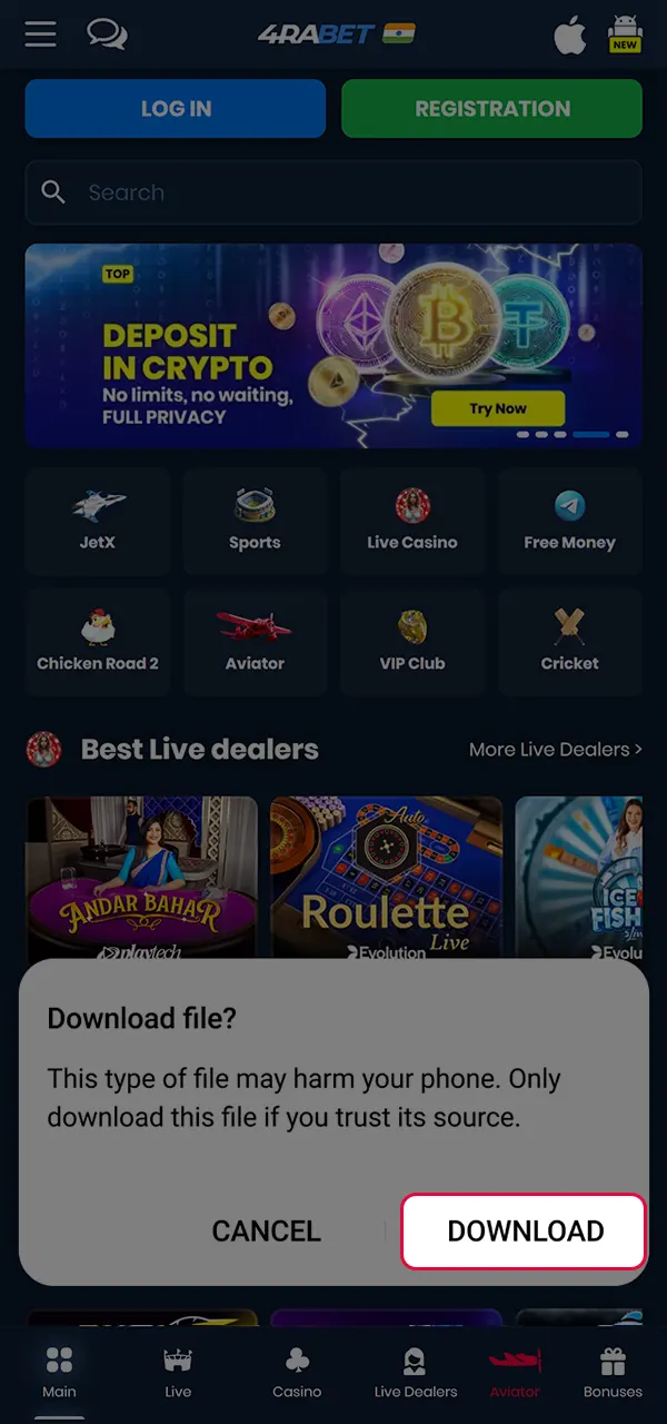 Play Aviator in the 4RABET app or on the website.