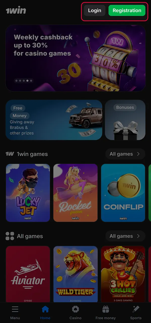 Create an account on 1win and play Aviator.